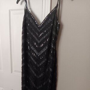 Fashion Nova Black Beaded and Sequin Chevron Pattern Dress